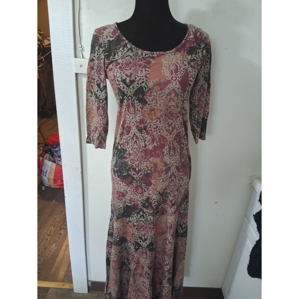 Peruvian Connection XS Maxi Dress Damask Print 3/4 Sleeve Burgundy Boho Peru